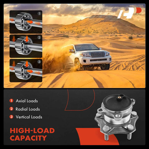 Rear Wheel Bearing And Hub Assembly For Mazda 3 2014 2015 2016 2017 2018 5 Lug Premium Aftermarket Replacement Durable Bolt On Installation And Reliable Performance For A Smooth Ride showcasing high-load capacity with off-road vehicle image.