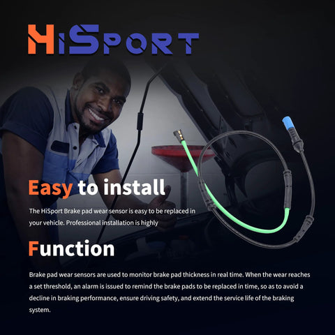 HiSport rear disc brake pad wear sensor kit for BMW; green sensor lead with connector visible