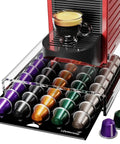 Clear Acrylic Coffee Pod Holder with 40 Pod Capacity for OriginalLine Capsules under a red coffee machine on kitchen countertop