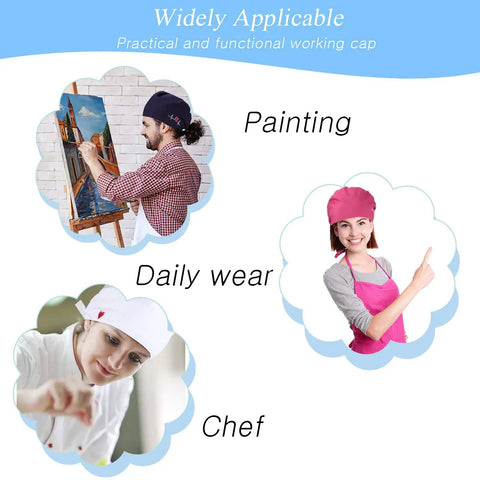 12 Pack Bouffant Scrub Caps Unisex Adjustable Button Hats With Sweatbands Gourd Shaped Nursing Surgical Cap For Women And Men Multicolor Heart Edition Comfortable All Day Wear shown in various settings like painting, chef, and daily wear.