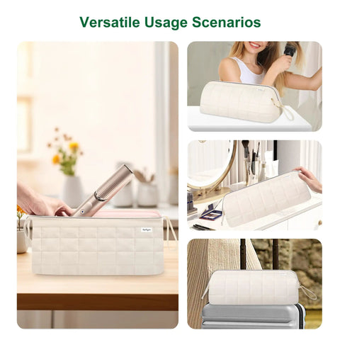 Versatile usage of Grab And Go Travel Hair Tools Organizer Case For Dyson Airwrap And Shark FlexStyle, beige, on desk and in bathroom