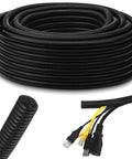 Black Split Wire Loom Tubing, Heavy Duty High Temperature Flame Retardant Cable Sleeve, 0.5 inch diameter, with cables