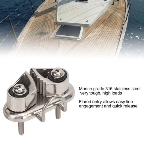 Cam Cleat With Wire Leading Ring, 316 Stainless Marine Grade Mirror Polished Boat Rope Cleat For 10mm Line, installed on deck.