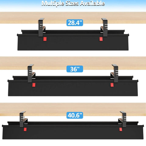 Multiple sizes of No Drill Under Desk Cable Management Tray With Clamp For Standing Desk 36 Inch Cord Organizer in black fabric