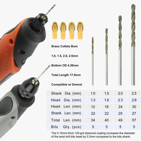 Diamond Drill Bit Set Pro Grade 1mm 1.5mm 2mm 2.5mm With Four Collets For Dremel Rotary Tool shown with drill bits and collets