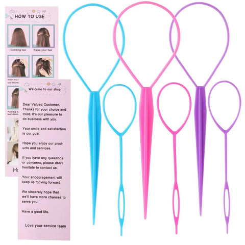 Topsy Tail Hair Tool Set 6 Piece Loop Styling Tools For Ponytails Pull Through Hair Ties Two Sizes And Three Colors Pink Purple Blue Easy Updos For Women Girls And Kids, 6 plastic tools
