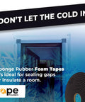 Tight As A Drum Closed Cell Sponge Rubber Foam Tape 3/8 Inch Wide By 3/16 Inch Thick By 50 Feet Long Self Sticking Weather Strip shown around a door.