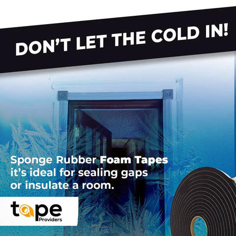 Tight As A Drum Closed Cell Sponge Rubber Foam Tape 3/8 Inch Wide By 3/16 Inch Thick By 50 Feet Long Self Sticking Weather Strip shown around a door.
