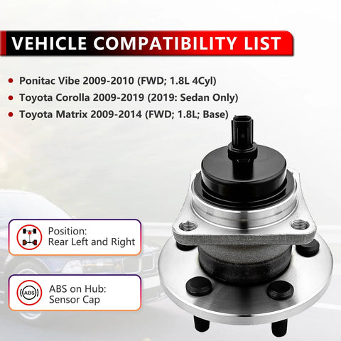 Rear Wheel Bearing And Hub Assembly Replacement Kit For Pontiac Vibe 2009 2010, Toyota Corolla 2009 2019, And Toyota Matrix 2009 2014