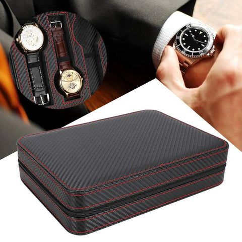Solid Eight Grid Wristwatch Storage Box Built Tough With Heavy Duty Carbon Pu Leather, showing watch storage compartments and zipper.