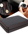 Premium Eight Grid Watch Display Tray With Genuine Leather Exterior And Heavy Duty Divider Plate For Smart Countertop Flex and Scratch Proof Setup To Keep Your Collection Locked In Style, showing two watches stored neatly.