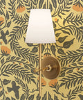 Premium Bluebird Damask Gold Metallic Wallpaper Eco Friendly Fibrous Texture featuring a stylish brass wall lamp.