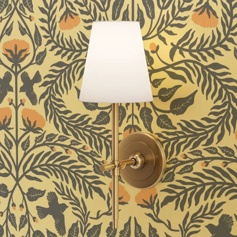 Premium Bluebird Damask Gold Metallic Wallpaper Eco Friendly Fibrous Texture featuring a stylish brass wall lamp.
