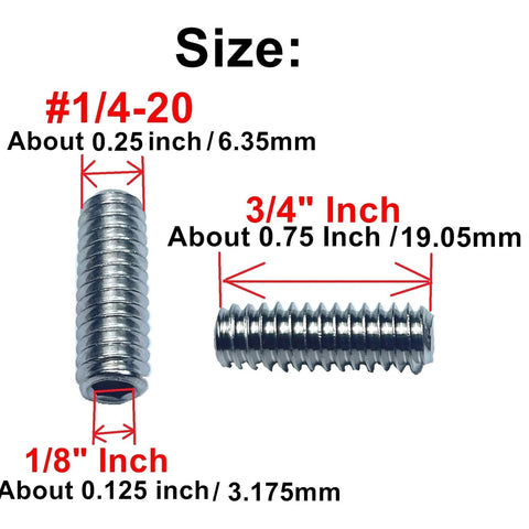 Fifty Pack Stainless Steel Hex Socket Set Screws One Quarter Twenty By Three Quarter Inch Length With Allen Head And One Eighth Inch Allen Wrench Included Built Tough For Heavy Duty Machinery And Everyday Projects; diagram showing screw dimensions.