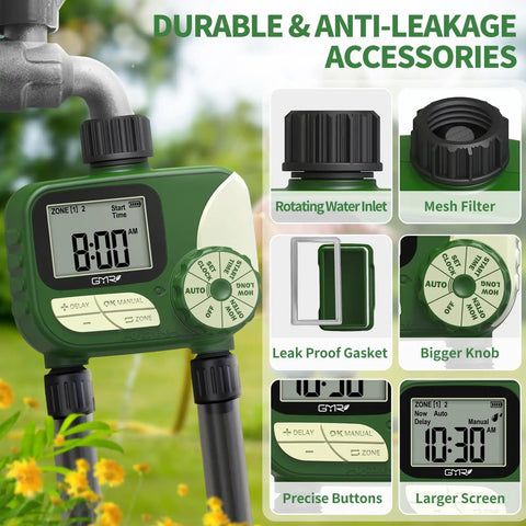 Dual Zone Hose Timer For Lawn And Garden, Smart Programmable Irrigation Controller With Rain Delay, IP54 Waterproof showing rotating water inlet and screen details