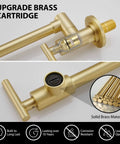 Gold Pot Filler Wall Mount Faucet With Double Joint Swing Arm Two Handle Single Hole Kitchen Faucet High Flow Brass Construction Modern Brass Finish Easy Install For Cold Or Hot Water No Fuss Install Durable Solid Brass Build close-up detail of brass cartridge and solid brass material