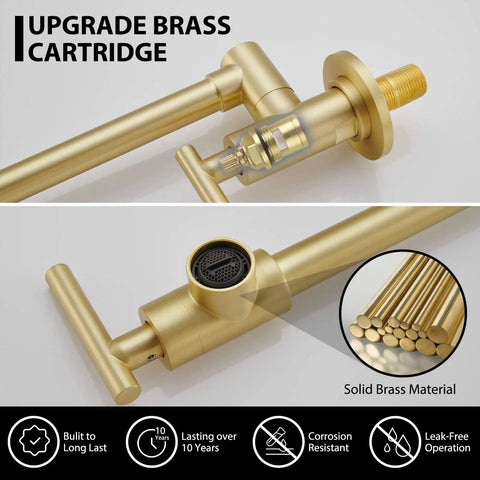 Gold Pot Filler Wall Mount Faucet With Double Joint Swing Arm Two Handle Single Hole Kitchen Faucet High Flow Brass Construction Modern Brass Finish Easy Install For Cold Or Hot Water No Fuss Install Durable Solid Brass Build close-up detail of brass cartridge and solid brass material