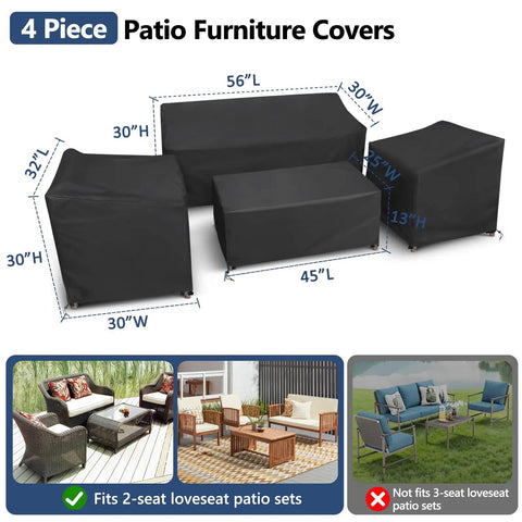 All Weather 4 Piece Outdoor Furniture Cover Set Waterproof 400D Heavy Duty Fits Couch Coffee Table And Two Chairs With Windproof Buckle Straps Black Protection covering patio furniture.