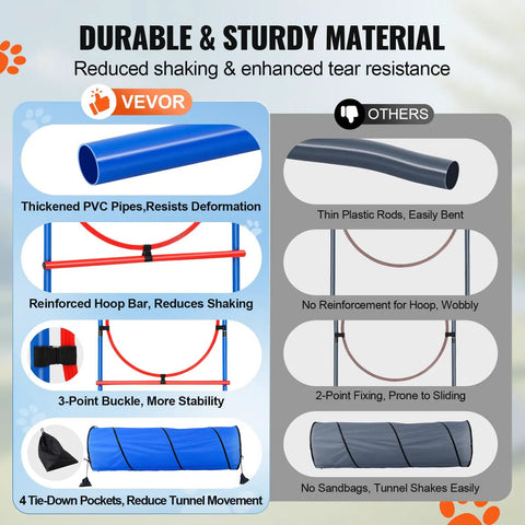 Backyard Dog Agility Training Kit With Adjustable High Hurdles, 78 Inch Tunnel, showing sturdy PVC pipes and reinforced hoop bar