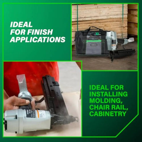 16 Gauge Finish Nailer With 1 Inch To Two And A Half Inch Nails Lightweight 3.7 Lb Pneumatic Nail Gun next to storage bag