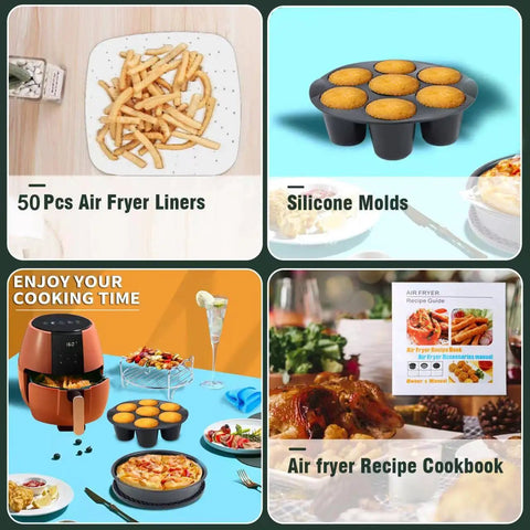 Collage showcasing 12 Piece Air Fryer Accessory Kit For Square Air Fryers Includes Cake Barrel, Pizza Pan, and more.