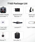 T16D Package Contents: RC Transmitter, R16F Receiver, Hook and Spring, TF Card, Lanyard, Type-C Cable, Manual, Carry Box.