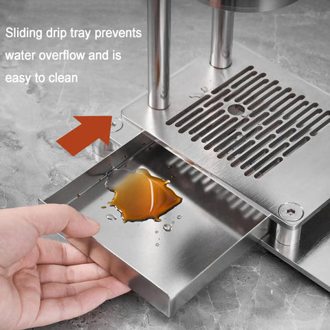 Sliding drip tray of Top Shelf Manual Lever Espresso Maker Built From Heavy Duty 304 Stainless Steel prevents water overflow.