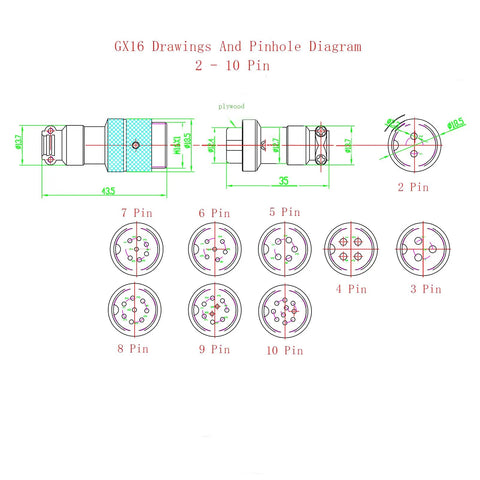 GX16 pinhole diagram for 2 to 10 pin connectors including 16.4 Foot GX16 3 Pin Cable From Male To Female Head Cordset For Aviation Panel Mount