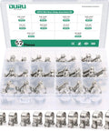 Front view of OURU 52-piece stainless steel fuel line hose clamp kit in clear case; 10 sizes, 9/32"–23/32" (7–18 mm).