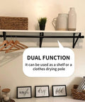 Built Tough Heavy Duty Closet Shelf And Rod Brackets Black Steel Wall Mount Support For Clothes Hanger Poles Premium Metal Storage Solution Go Harder Organization Hack Quick Install Two Pack with shelf, hangers, and decorative items.