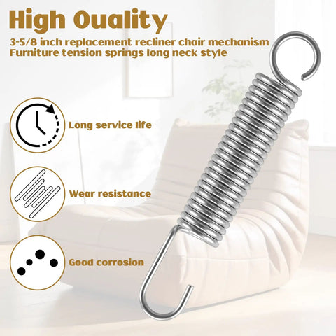 Rock Solid Heavy Duty Stainless Steel Recliner Springs For Long Neck Chairs 4 Pack, 3-5/8 inch tension spring with durable hook.
