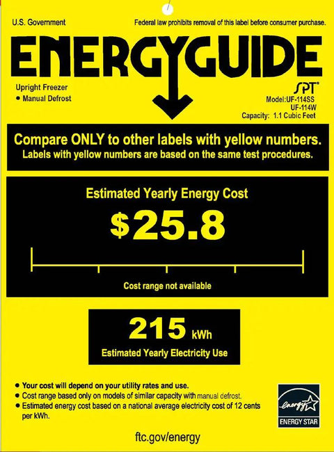 Energy guide label for Knockout Performance Stainless Steel Upright Freezer With 1.1 Cubic Feet Storage, showing energy costs.