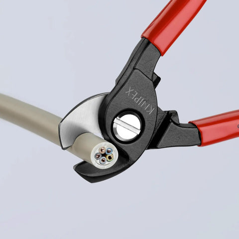 Six And A Half Inch Cable Shears With Adjustable Screw Self Locking Mechanism And Guard For Clean Deformation Free Cuts Beefy Jobsite Grade Wire Cutter Germany Made Model 95 11 165 cutting cable