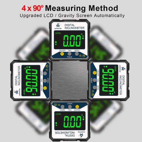 Top Tier Magnetic Digital Angle Finder And Protractor Inclinometer With Bright Backlit Screen showing digital display with 0 and 90 degrees.