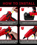 Step-by-step installation guide for Cordless Hot Glue Gun For 18V Battery, illustrating battery and glue stick insertion.