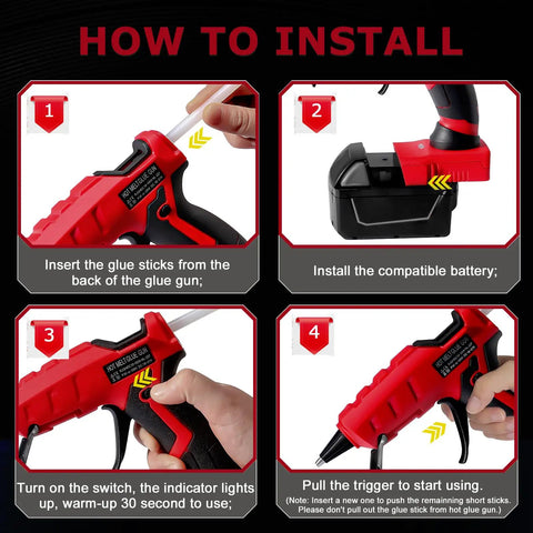 Step-by-step installation guide for Cordless Hot Glue Gun For 18V Battery, illustrating battery and glue stick insertion.