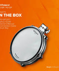 12 Inch Premium V Pad With Triple Piezo Sensor shown with box contents and chrome hoop design.