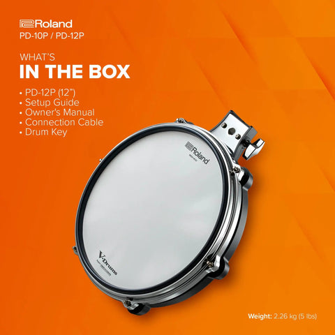 12 Inch Premium V Pad With Triple Piezo Sensor shown with box contents and chrome hoop design.