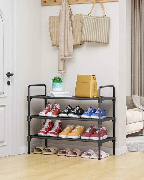 Entryway Shoe Rack With Mad Capacity, Space Saving Front Door Organizer, 27.6 Inch Wide Black Shoe Shelf holding sneakers and shoes