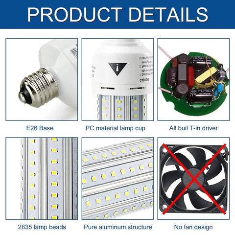 60W Equivalent LED Corn Light Bulb, 7500 Lumens, 5000K Daylight, 500W Incandescent Equivalent, E26/E27 Base details image