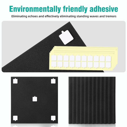 50 Pack Black Wedge Acoustic Foam Panels 1x12x12 Inches High Density Sound Absorbing Wall Tiles with adhesive for easy installation.