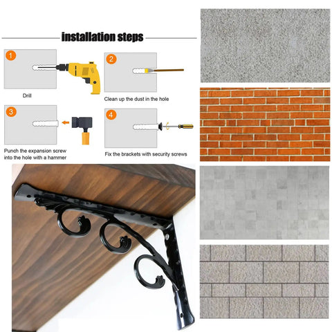 Heavy Duty Shelf Brackets With Hooks Pair Of Rock Solid Black Floating Wall Supports Rust Proof Aluminum Alloy installation steps and materials background