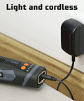 8V Pro Grade Cordless Tungsten Electrode Sharpener charging with power adapter, highlighting lithium ion battery, for TIG welding.
