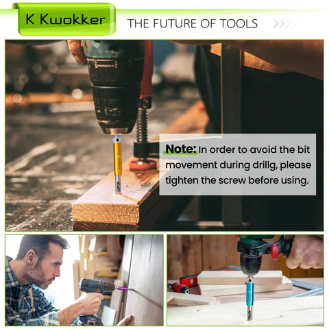 Heavy Duty Self Centering Hinge Drill Bit Set With A Quarter Inch Hex Shank and Tough As Nails Center Punch in action on wood.