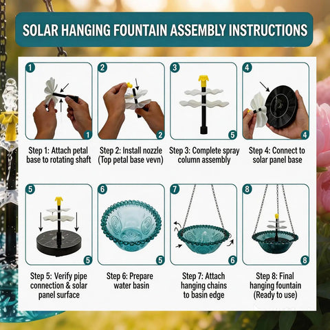 Sun Powered Hanging Bird Bath Fountain With Cascade Water Feature For Outdoor Garden Patio Backyard Lawn Decor Blue No Wiring Needed Easy Setup And Water Motion To Attract Birds And Elevate Your Outdoor Space assembly instructions