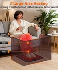 Woman using Foot Warmer With Heated Floor Mat For Home Office, enjoying warmth from feet to knees, sitting on couch indoors.