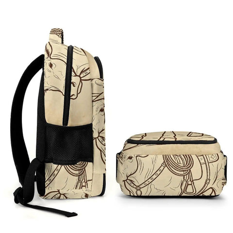 Vintage Bull Line Art Printed Backpack unisex large capacity daypack made from durable polyester with side and top view
