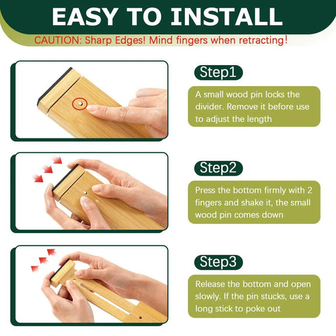 Instructions for easy installation of Knockout Premium Bamboo Drawer Dividers Six Pack, showcasing step-by-step process for adjusting length.