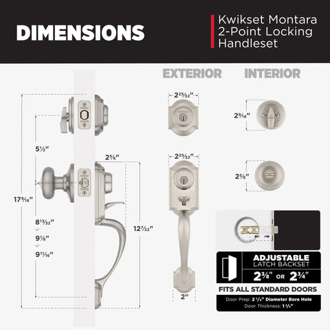 Front Door Lock Set With Deadbolt And Handleset Satin Nickel Exterior Entry Lock With Interior Doorknob Pick Resistant SmartKey Rekey Security Microban Protection Durable Home Security Gear with dimensions and diagram