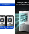 Heavy Duty Portable Evaporative Swamp Cooler Packing Three Fan Speeds One Twenty Degree Sweep And A Massive Hundred Gallon Tank for cooling with operation panel.